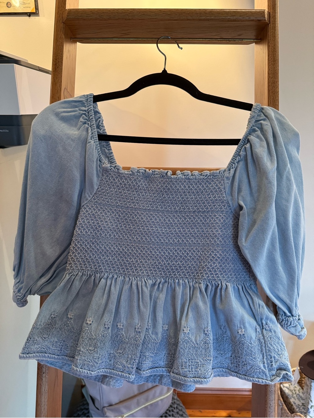 American Eagle Outfitters Light Blue Smocked Peplum Puff-Sleeve Top